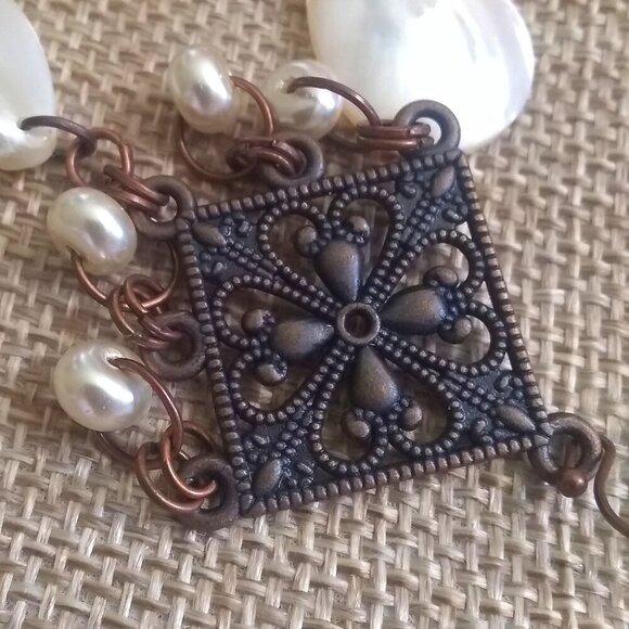 Sleek Chic Robust Feminine Girly Elegant Rustic Copper & MOP + Pearl Earrings - Picture 4 of 11